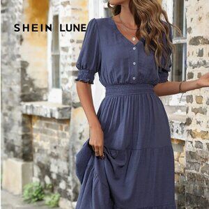 SHEIN LUNE Puff Sleeve Shirred Detail Button Front Ruffle Hem Dress